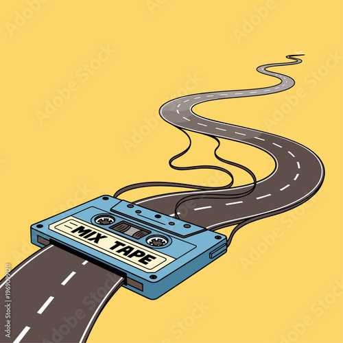 A playful illustration of a mix tape transforming into a winding road, evoking a sense of nostalgia and adventure.