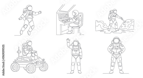 Astronauts line art, space exploration, zero gravity, rover, control panel