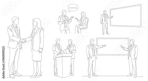 Business meeting and presentation line art, white background