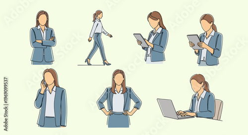 Business Woman Poses Line Art Vector