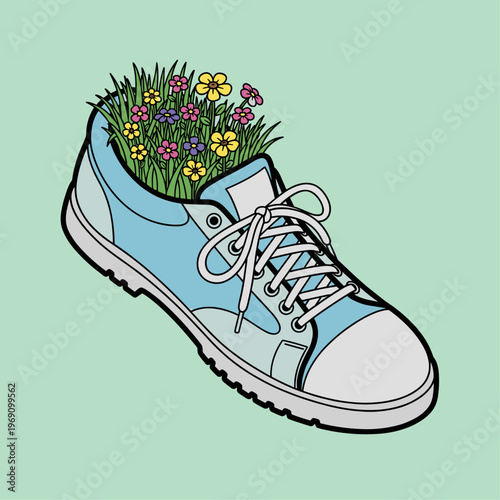 A colorful illustration of a sneaker with flowers and grass growing out of it, conveying a sense of growth and sustainability.
