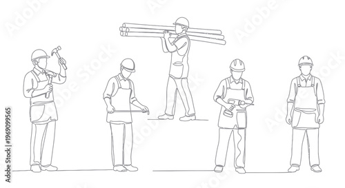 Construction workers line art set: tools, materials, and safety gear