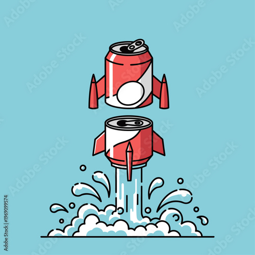 A playful illustration of soda cans blasting off like rockets, conveying excitement and energy.