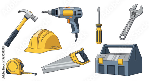 Construction tools flat illustration: hammer, drill, saw, wrench, toolbox, helmet