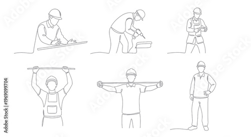 Construction worker line art: six poses with tools and equipment