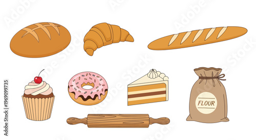 Bakery Icon Set: Flat Design Illustrations of Bread, Croissant, Cupcake, Donut, Cake, Flour Bag, Rolling Pin