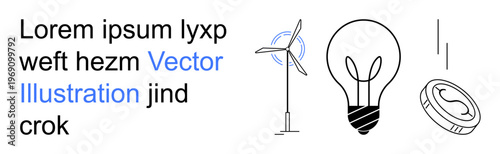 Renewable energy, innovation, financial growth, sustainability, clean energy, economic development. Wind turbine, light bulb dollar coin. Renewable energy and innovation concept