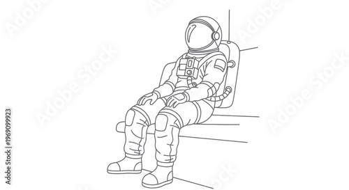 Black and white line art of astronaut sitting in a spacecraft seat