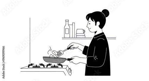 Woman cooking food on gas stove in black and white line art