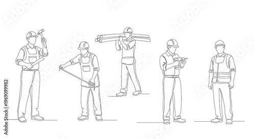 Construction workers line art vector: builders with tools and materials