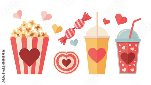 Sweet treats and drinks for valentine's day or movie night with heart candy with ice cream with candy bar with mint chocolate chip