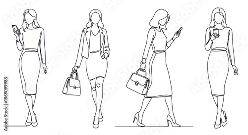 Black and white line art of businesswomen with phones and bags