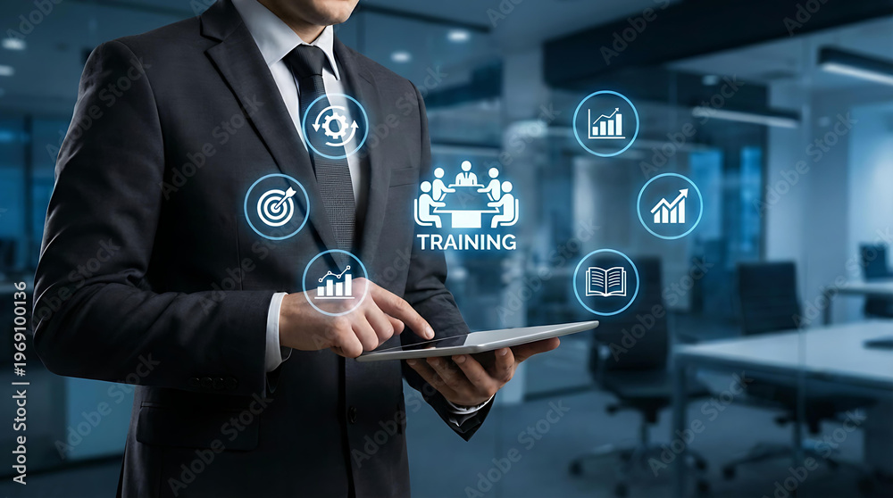 Obraz premium Corporate businessman using tablet with virtual training and skill development concept icons in modern office