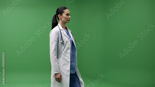 Female Doctor Walking on Green Screen with Stethoscope, Healthcare Professional, Isolated footage