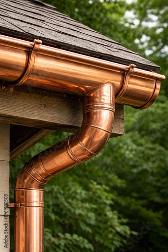 Shiny copper roof gutter and downspout on a timber house corner with green woodland background highlighting premium rainwater collection craftsmanship weather protection and exterior detail