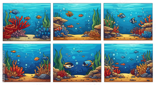 A vibrant underwater scene featuring six colorful ocean panels with fish and coral