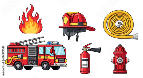 A colorful vector graphic illustration of firefighting tools and equipment on a white background