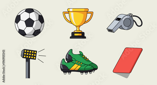 A colorful vector graphic illustration of various soccer icons and equipment on a plain background