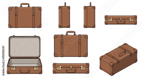 A set of brown suitcases in various orientations and states of opening on a white background