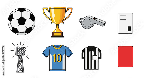 A vector graphic illustration of various soccer symbols and equipment on a white background