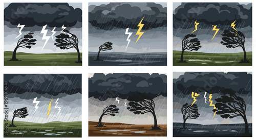 A vector graphic illustration of a tree in various stormy weather conditions with lightning