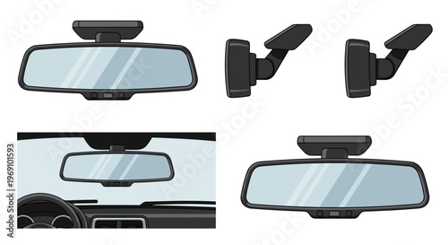 A set of car rear view mirrors and their mounts on a white background