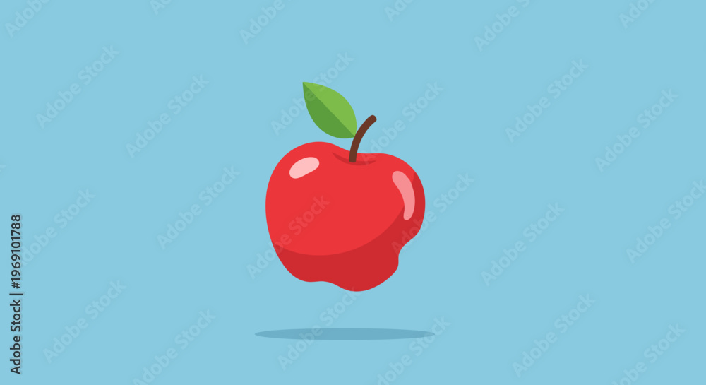 Obraz premium A vibrant red apple icon with a green leaf on a light blue background