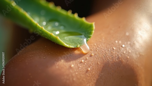 Aloe vera gel drips from green leaf onto sunburnt skin. Natural healing plant soothes redness, offers hydration after sun exposure. Topical skin care remedy provides relief.