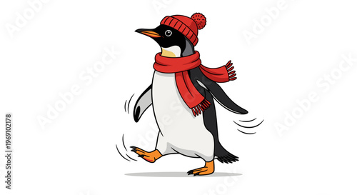 A cartoon penguin wearing a red scarf and hat is walking quickly across a white background