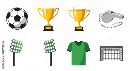 A set of colorful soccer icons and symbols for sports design