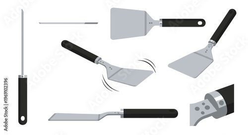 A set of kitchen utensils including various types of spatulas and a sharpener