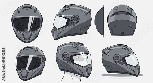 A set of technical illustrations showcasing a motorcycle helmet from various angles