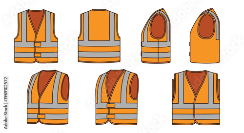 A set of seven orange safety vests with reflective strips in various views and styles