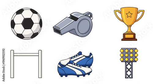 A set of soccer icons including a ball, whistle, trophy, goalpost, cleats, and stadium lights