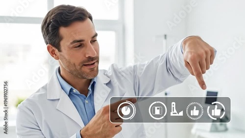 Doctor Pointing at Data Analysis Icons for Medical Presentation and Diagnostics Analysis