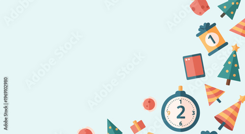 Festive vector background with holiday icons like trees, hats, and a clock on the right side, leaving ample space for text on the left.