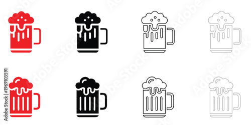 Beer mug symbol icon set, beer mug filled with foam symbol vector, silhouette and line art illustration