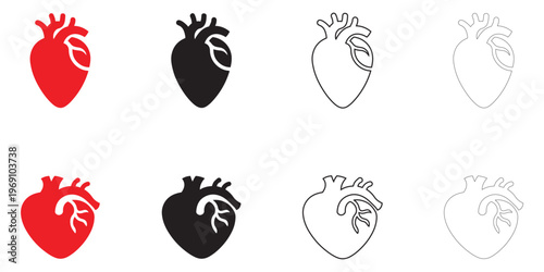Human heart symbol icon vector set, heart anatomy cardiology diagram symbol vector, silhouette and line art
