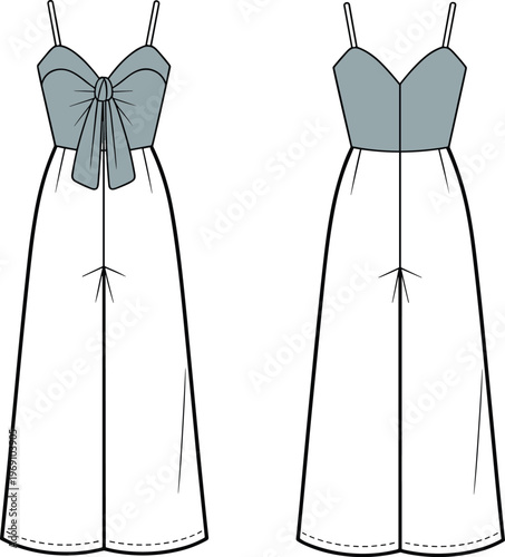 Flat vector jumpsuit fashion sketch sweetheart neckline bow detail wide leg illustration