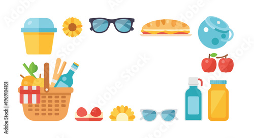 A collection of colorful picnic elements, such as a basket, food, drinks, and sunglasses, arranged in a rectangular frame layout.