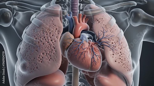 3D Animation of Human Heart and Lungs Anatomy in Motion - Medical Visualization of Breathing and