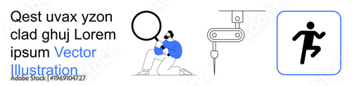 Exploration, automation, innovation, motion graphics, technology, data analysis. A person using a magnifying glass, a robotic arm and a running icon. Exploration and automation concepts