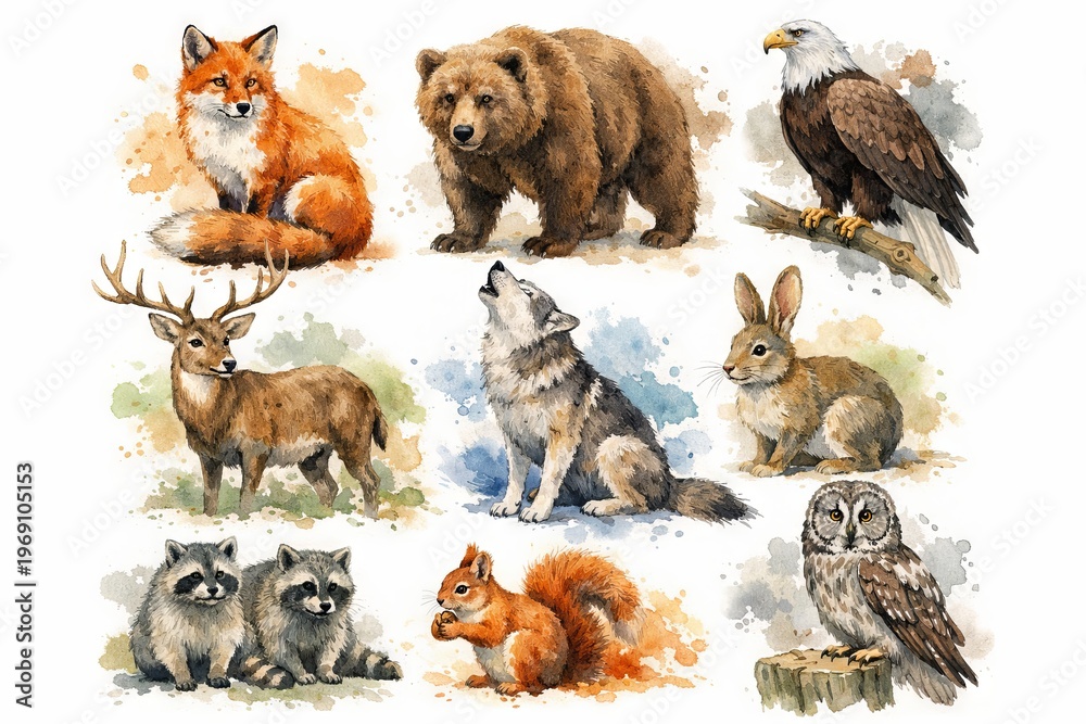 Fototapeta premium SET - Watercolor forest animal collection featuring fox, bear, eagle, deer, wolf, rabbit, raccoons, squirrel, and owl on speckled background for wildlife enthusiasts and nature decor