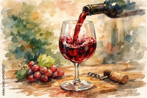 Watercolor scene of red wine being poured into glass with grape bunch and corkscrew on wooden table for wine tasting experience, gourmet celebration, artistic home decor
