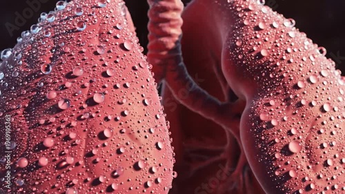 A mesmerizing macro shot of human lungs covered in glistening water droplets, artistic concept