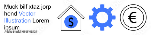 Real estate, finance, business operations, economic growth, savings, currency exchange. A house with a dollar sign, a gear and a euro symbol. Real estate and finance concepts
