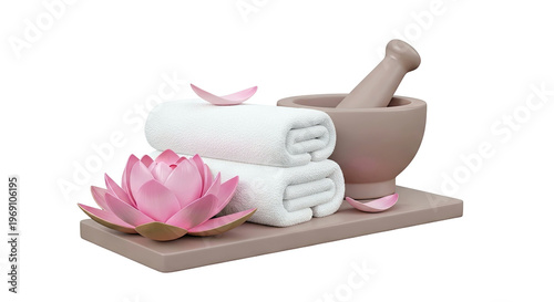 Spa and Wellness Items: Lotus Flower, Rolled Towels, and Mortar and Pestle