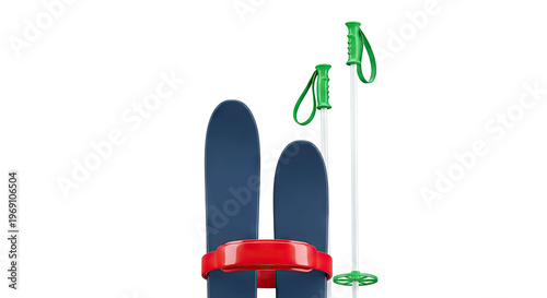 Pair of Dark Blue Skis with Red Strap and Green Ski Poles
