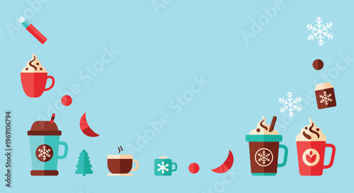 This charming vector art displays a variety of cozy holiday beverages and winter symbols against a serene blue background.