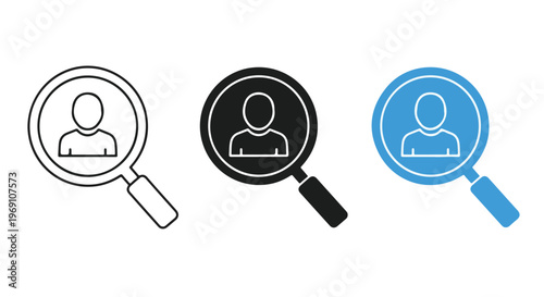 Set of three magnifying glass icons focusing on user profile illustrations in monochrome and blue tones